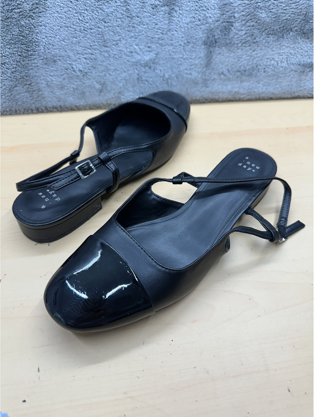 New Day Black Slingback Flats with Patent Toe Cap